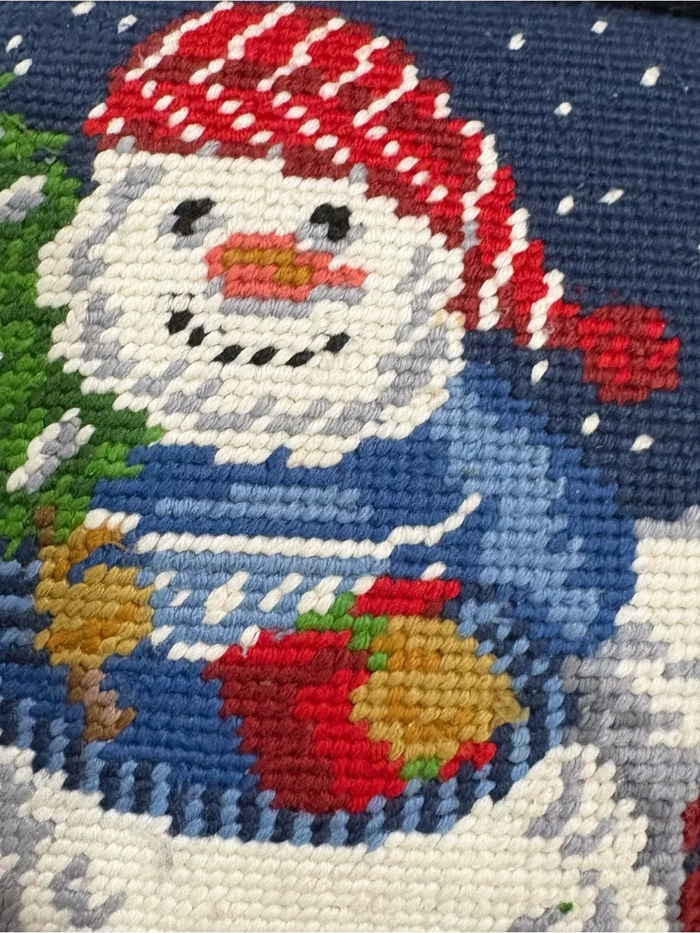 VTG Needlepoint Wool Velvet Tapestry Throw Pillow Christmas Snowman 10”x10”